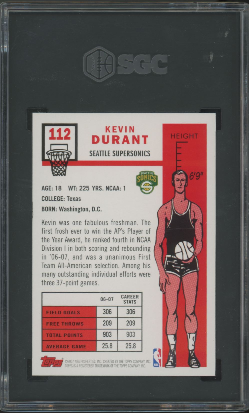 2007-08 Topps Kevin Durant RC 1957-58 Variation #112 SGC 9.5