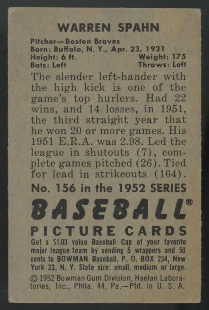 1952 Bowman Warren Spahn Picture Card #156 VG