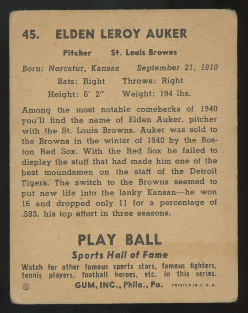 1941 Play Ball Elden Auker #45 G/VG