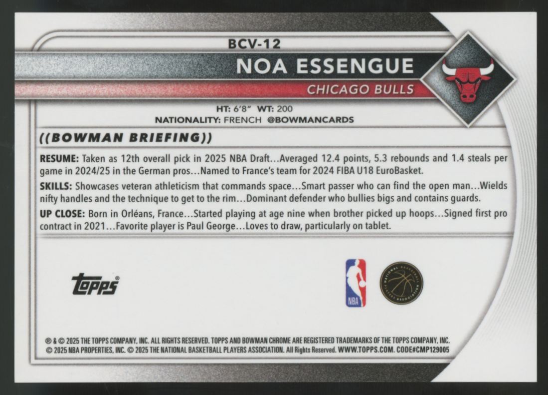 2025-26 Bowman Chrome Mega Noa Essengue RC Orange Refractor /25 #BCV-12