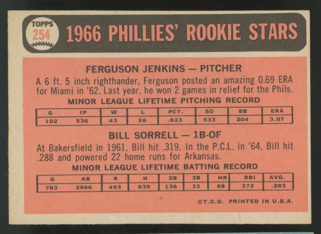 1966 Topps Ferguson Jenkins / Bill Sorrell RC Rookie Stars #254 EX/MT