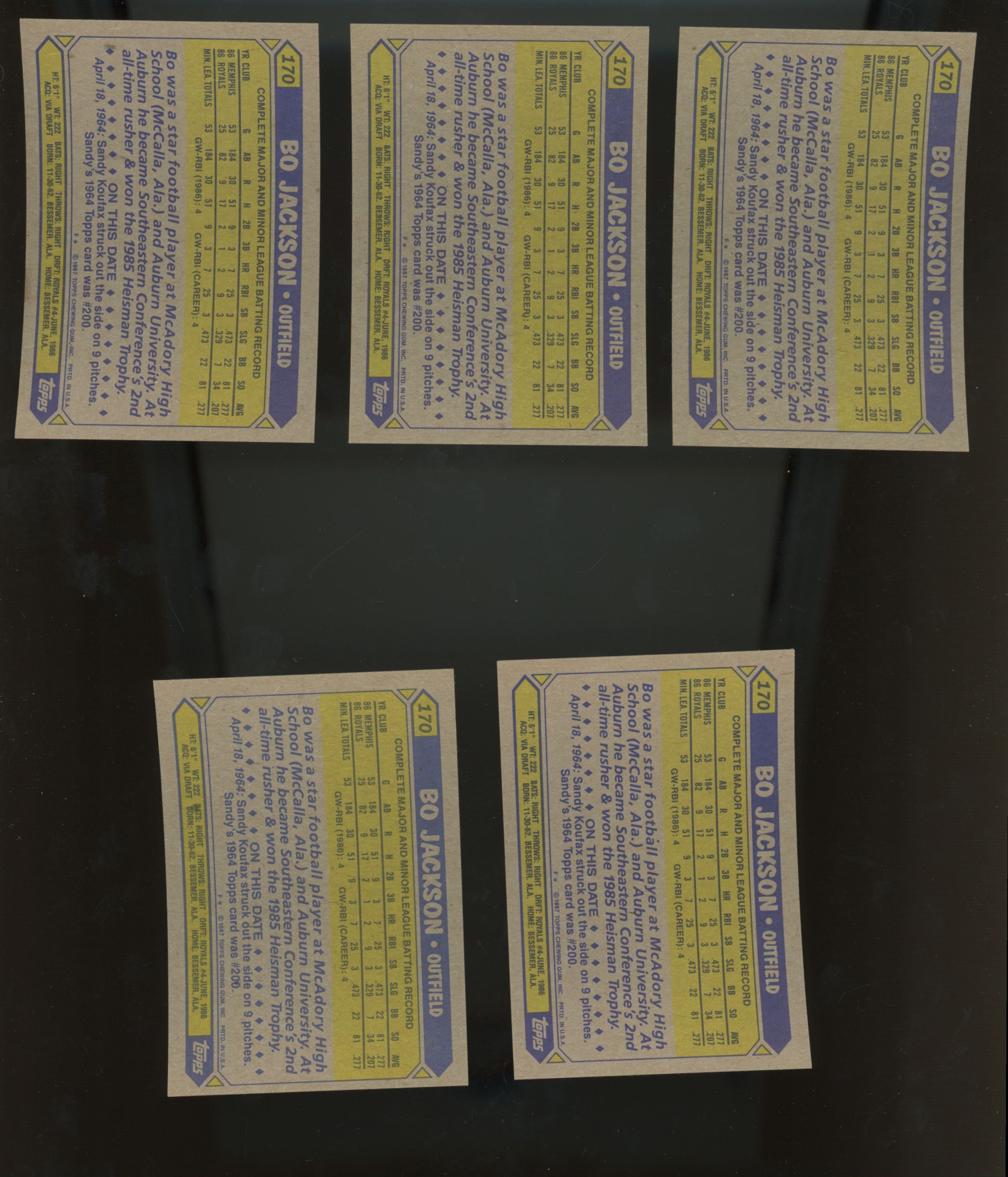 1987 Topps Bo Jackson RC #170 Lot of 25 NM-MT "A"