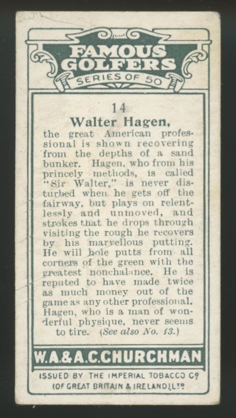1927 W.A. & A.C. Churchman Walter Hagen Famous Golfers Small #14 VG-EX