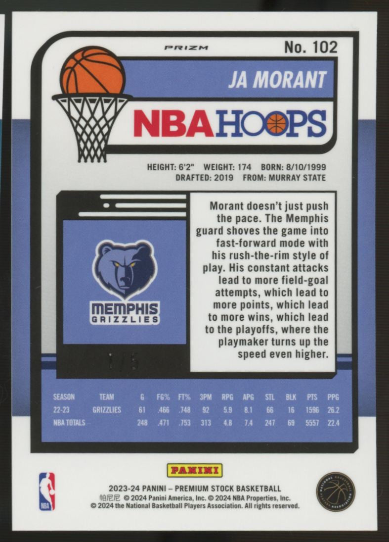 2023-24 Hoops Premium Stock Ja Morant Green Prizm /5 #102