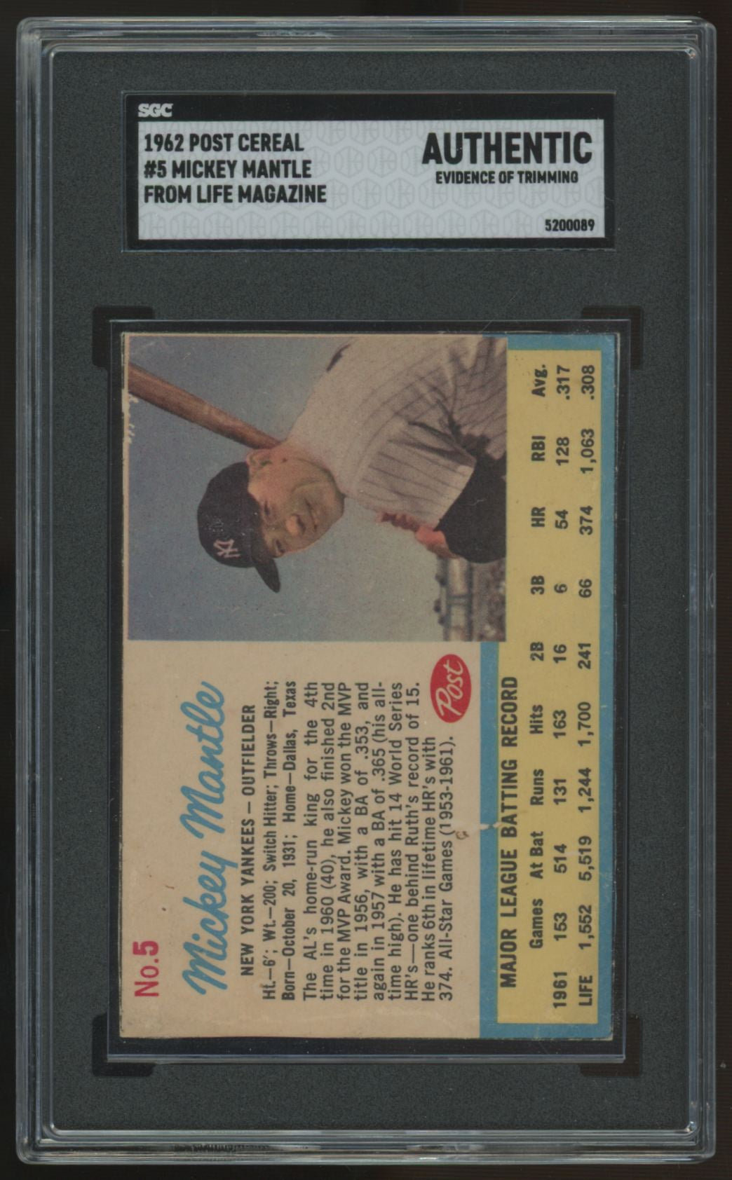 1962 Post Mickey Mantle From Life Magazine #5 SGC Authentic Trimmed *089