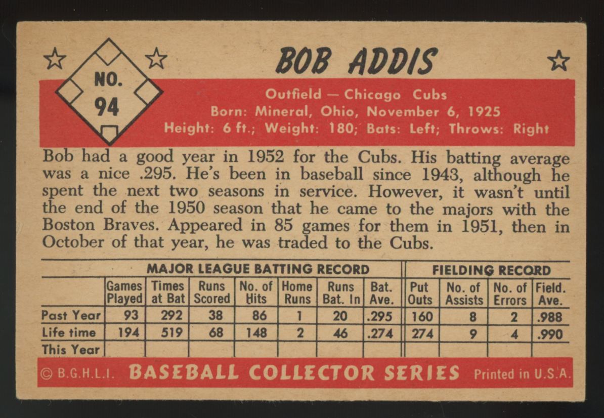 1953 Bowman Color Bob Addis #94 EX
