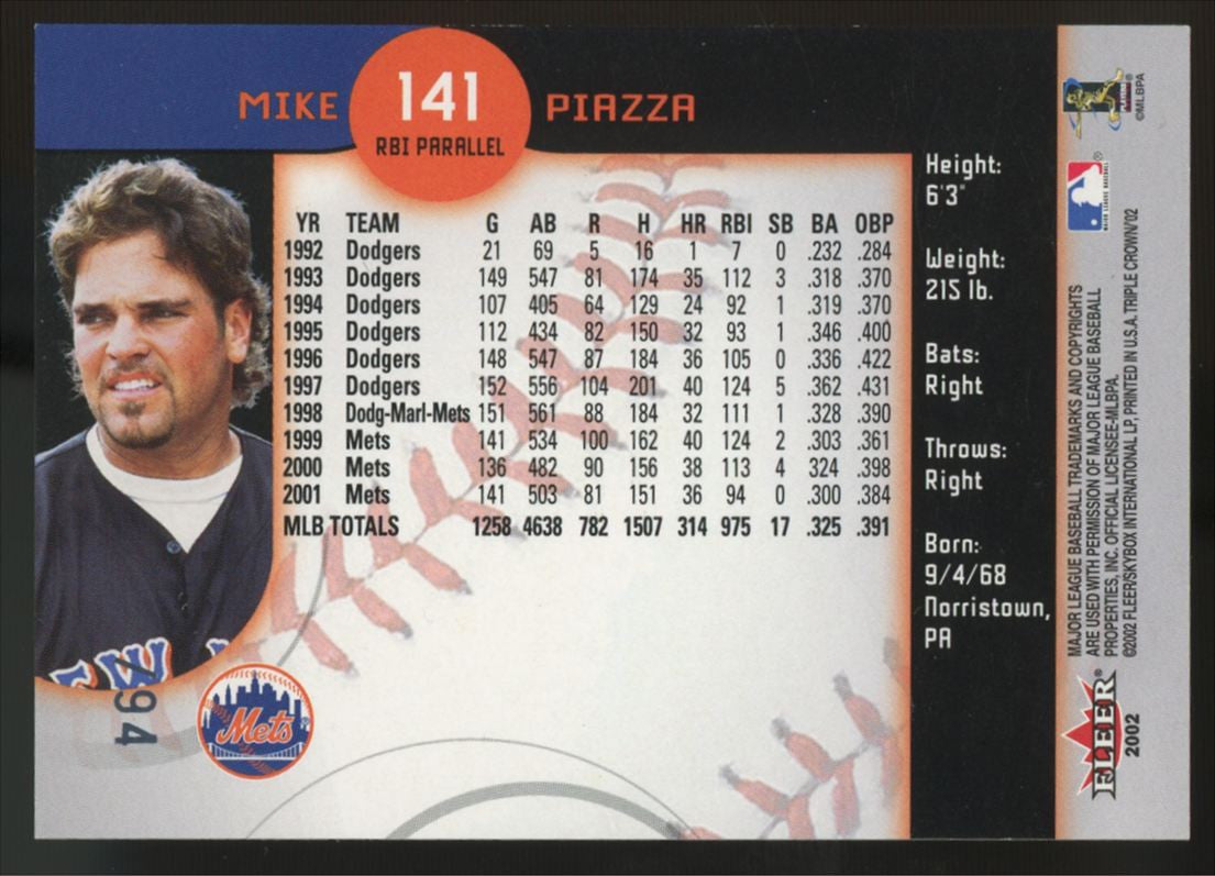 2002 Fleer Triple Crown Mike Piazza Blue RBI Parallel /94 #141