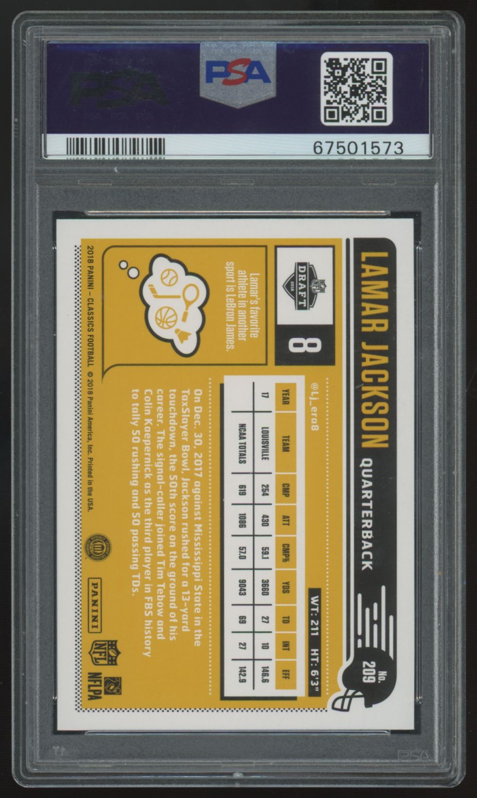 2018 Panini Classics Lamar Jackson RC #209 PSA 10