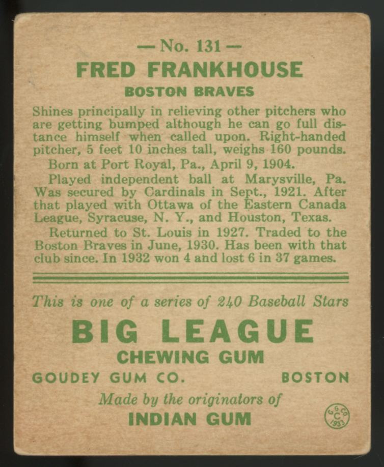 1933 Goudey Fred Frankhouse #131 VG