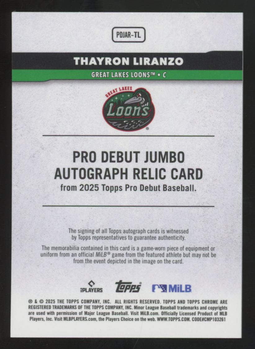 2025 Topps Chrome Pro Debut Thayron Liranzo Blue Jumbo Patch Auto /150 #PDJAR-TL