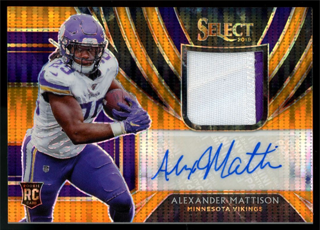 2019 Panini Select Alexander Mattison RC Neon Orange Pulsar Patch Auto RPA /23