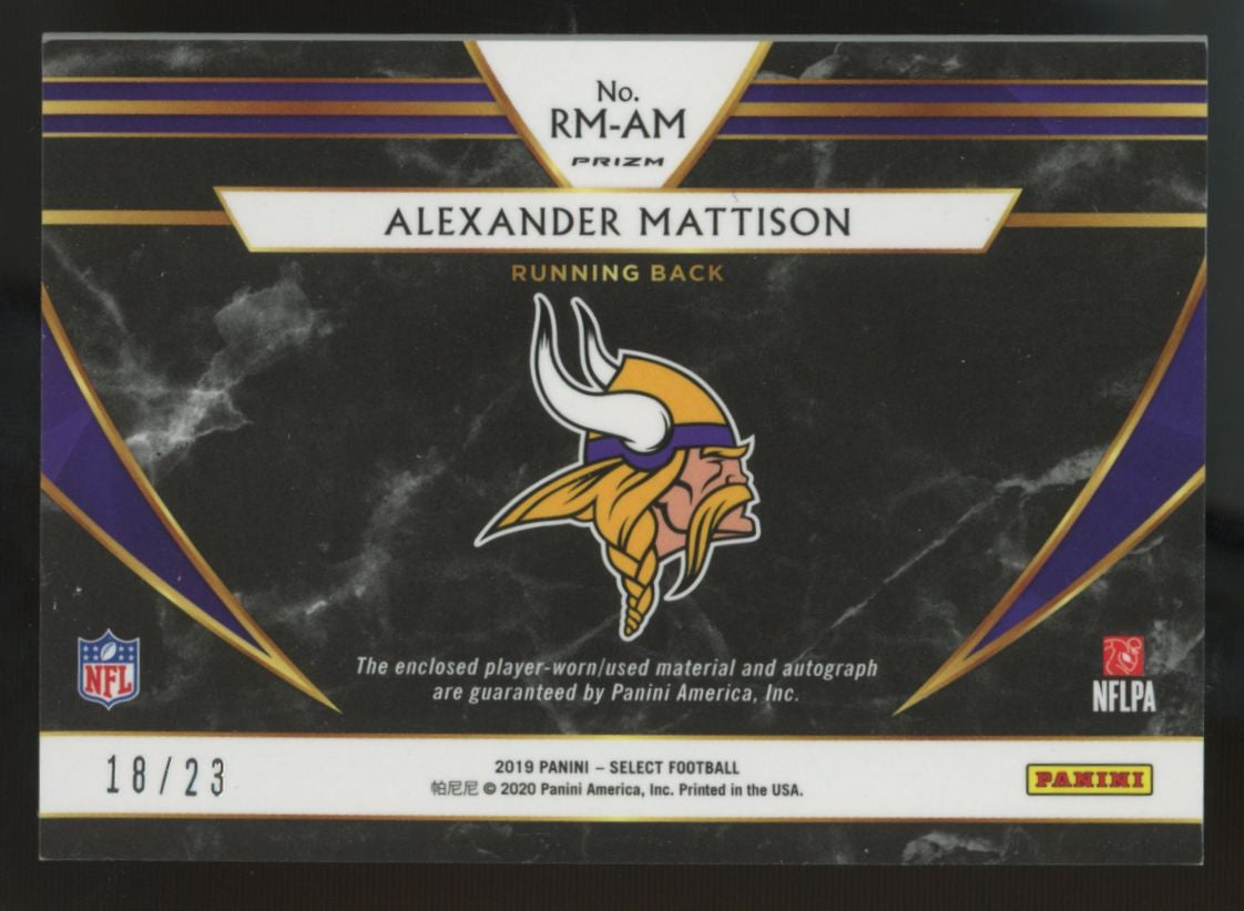 2019 Panini Select Alexander Mattison RC Neon Orange Pulsar Patch Auto RPA /23
