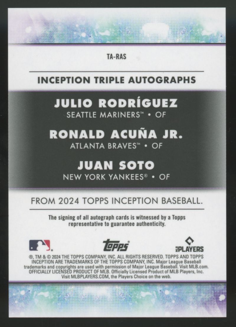2024 Topps Inception Julio Rodriguez Ronald Acuna Jr. Juan Soto Triple Auto /5