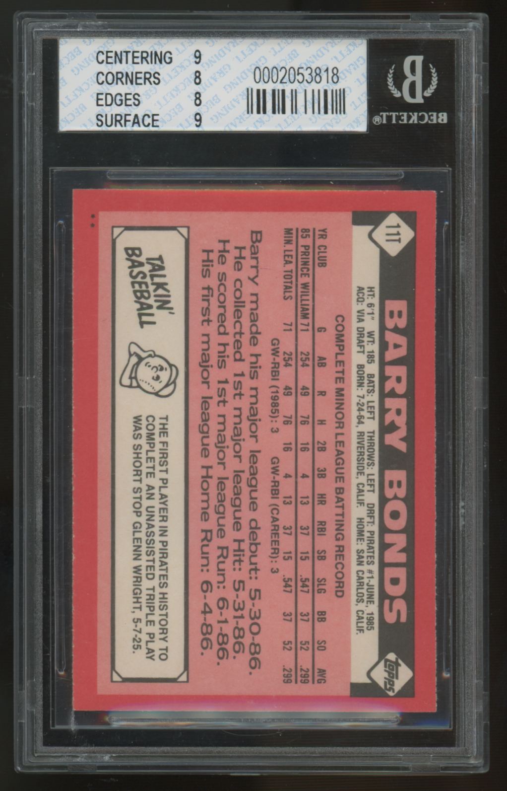 1986 Topps Traded Barry Bonds RC #11T BGS 8 *818