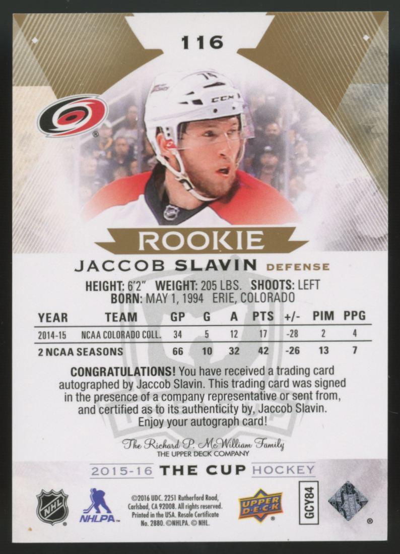 2015-16 Upper Deck The Cup Jaccob Slavin RC Gold Spectrum Auto /36 #116