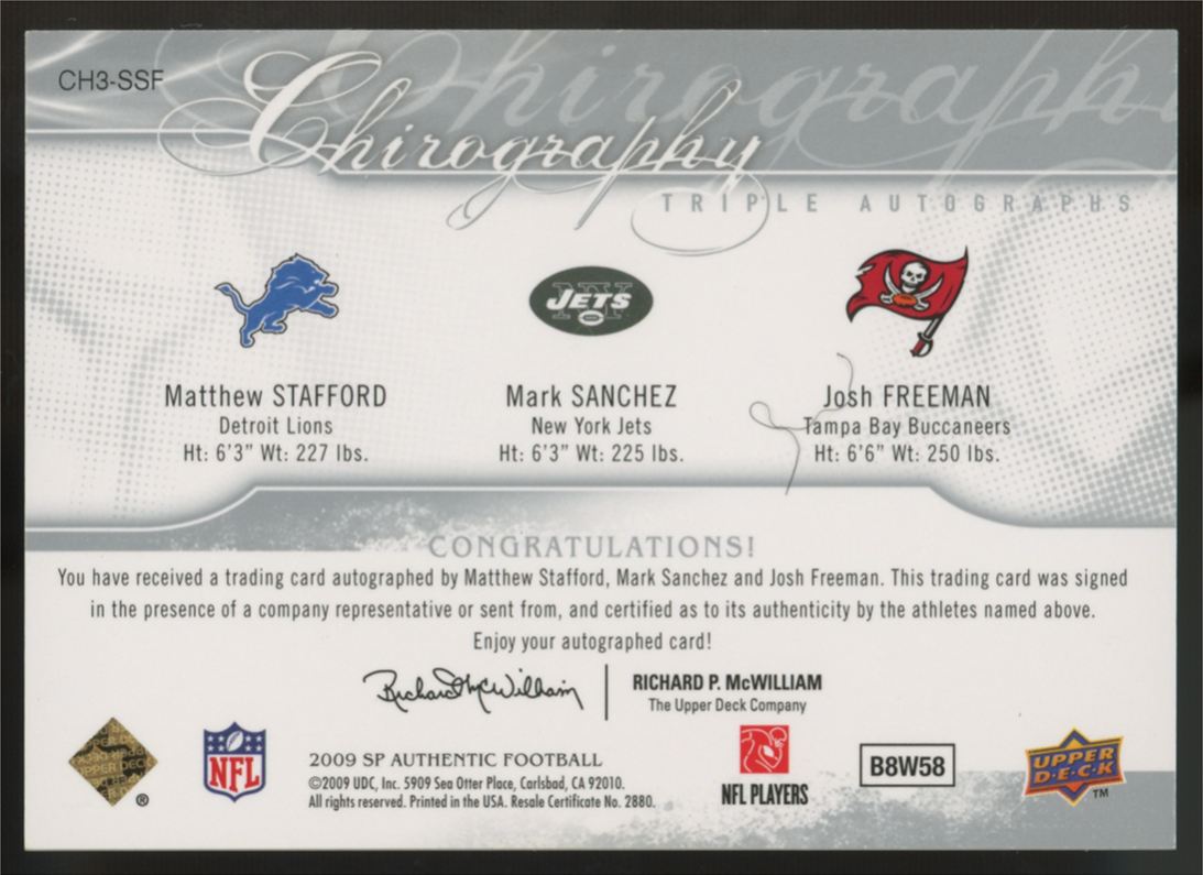2009 Upper Deck SP Authentic Matthew Stafford/Sanchez/Freeman RC Triple Auto /25
