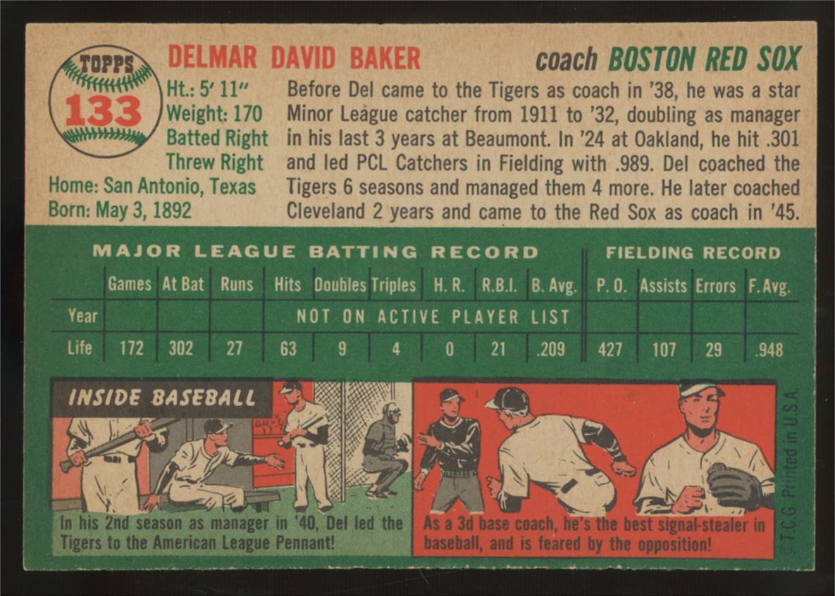 1954 Topps Del Baker #133 NM/MT