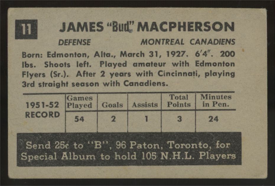 1952-53 Parkhurst James "Bud" MacPherson #11 VG-VG/EX