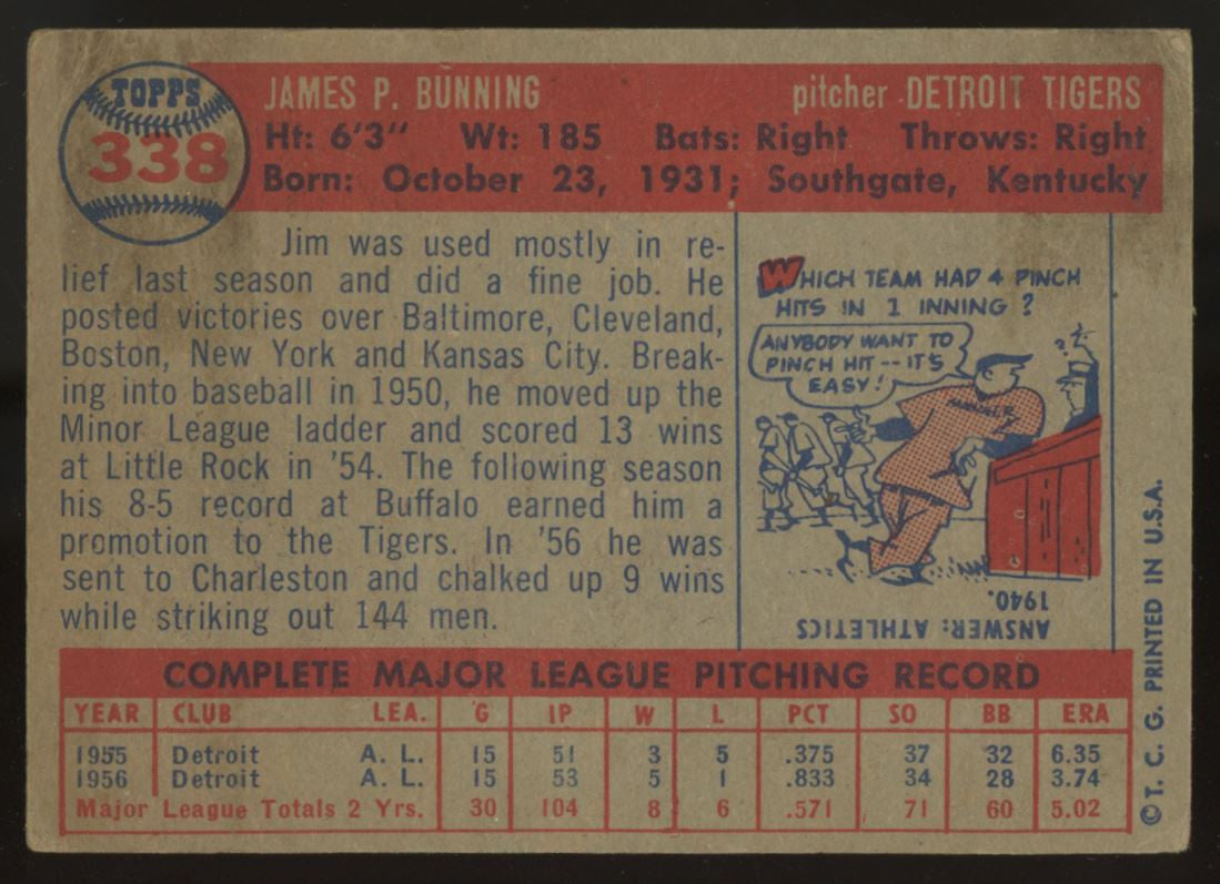 1957 Topps Jim Bunning RC #338 VG (Creases)