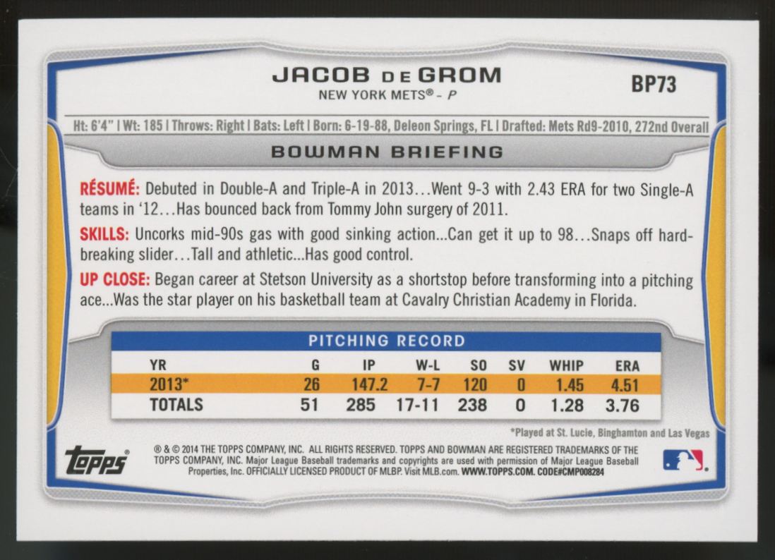 2014 Bowman Prospects Jacob DeGrom 1st Silver Ice #BP73