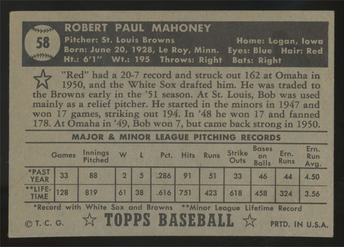 1952 Topps Bob Mahoney RC Black Back #58 VG/EX-EX