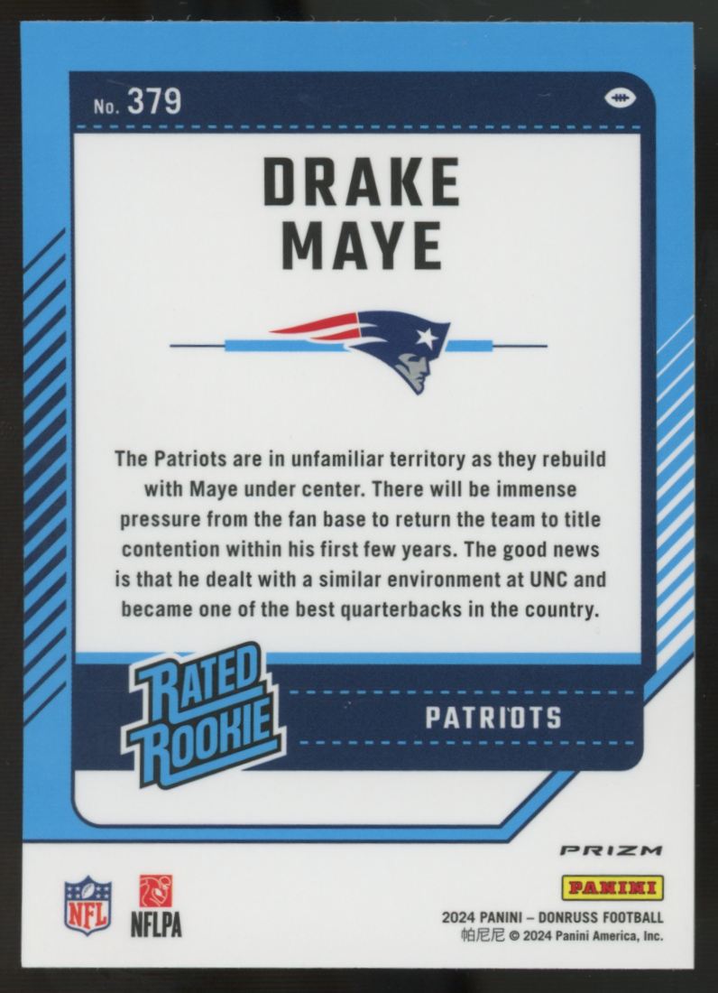 2024 Panini Donruss Optic Drake Maye RC Rated Rookie Pink Prizm #379