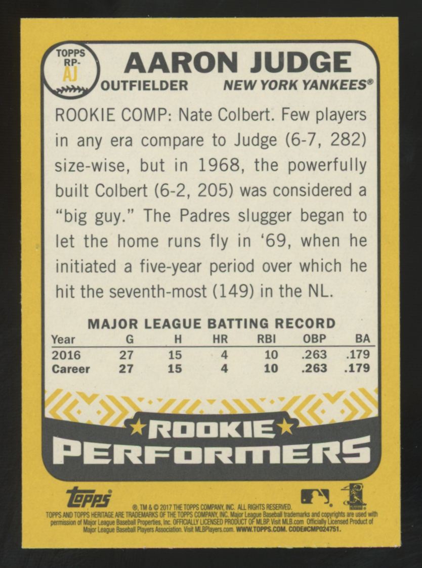 2017 Topps Heritage Aaron Judge RC Rookie Performers #RP-AJ