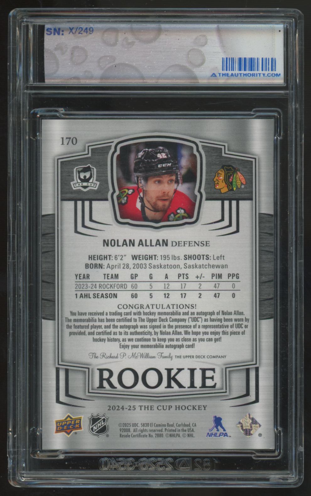 2024-25 Upper Deck The Cup Nolan Allan RC Patch Auto RPA /249 #170
