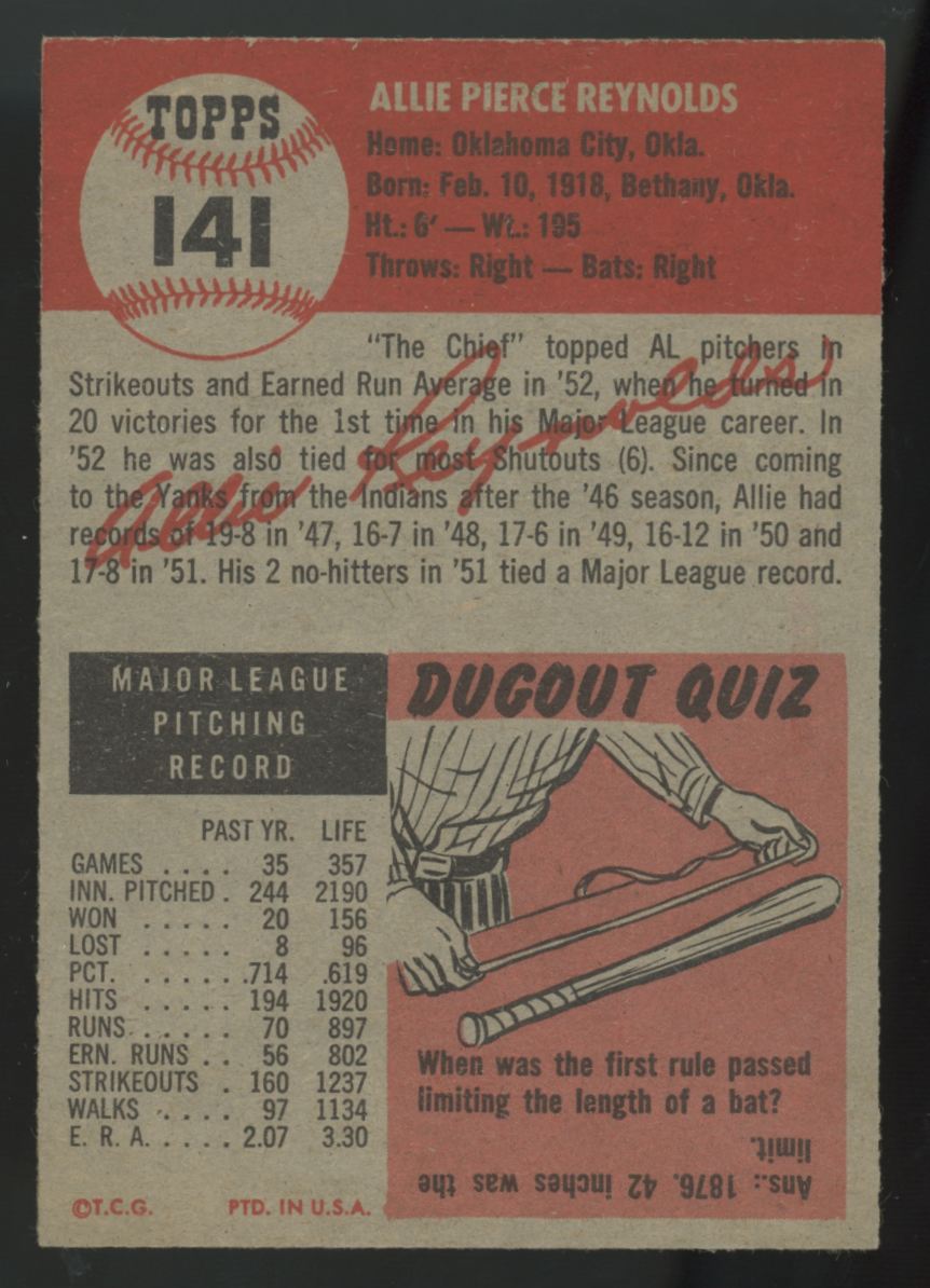 1953 Topps Allie Reynolds #141 EX