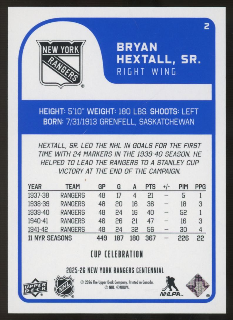2025-26 UD New York Rangers Centennial Bryan Hextall Sr. Cup Celebration /94 #2