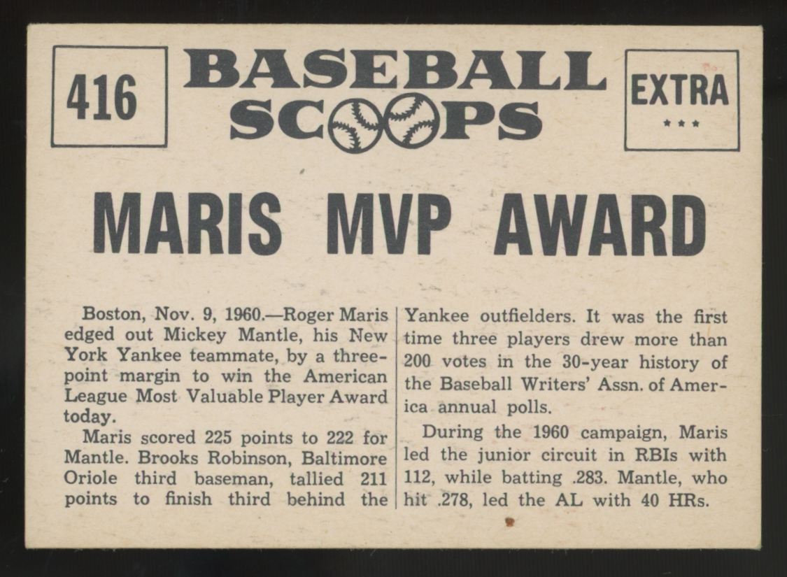 1961 Nu-Card Baseball Scoops Roger Maris MVP Award #416 NM