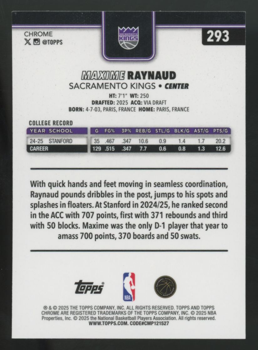 2025-26 Topps Chrome Maxime Raynaud RC Green Raywave /99 #293