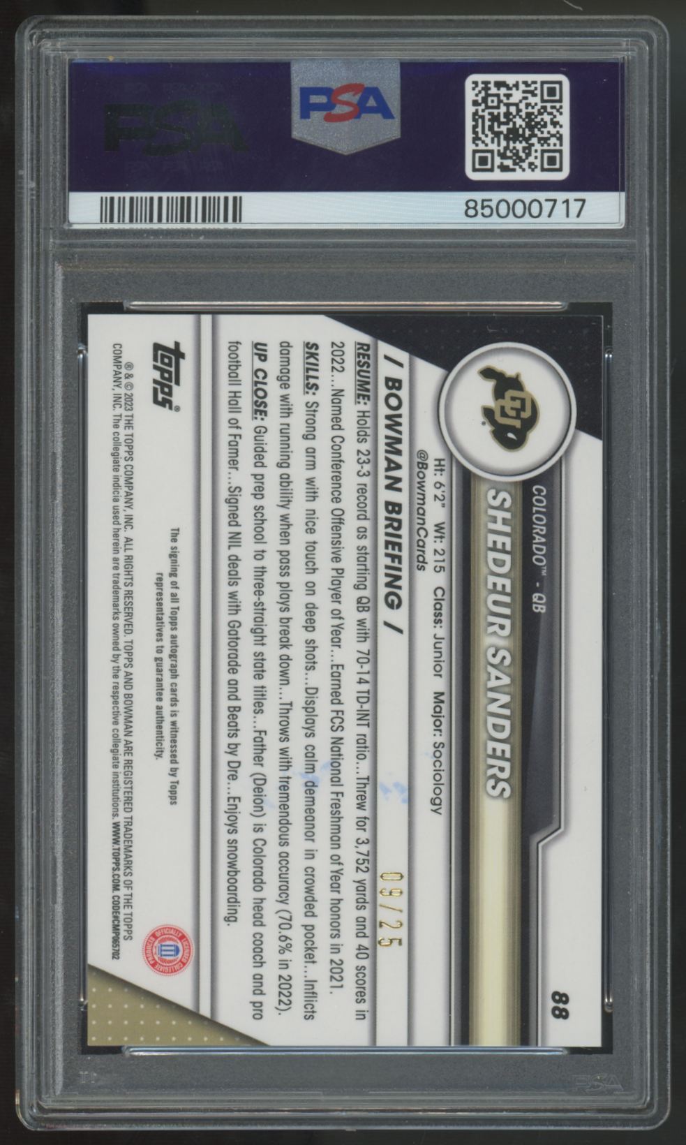2023 Bowman Chrome U Shedeur Sanders Variation Auto /25 #88 PSA 9 10