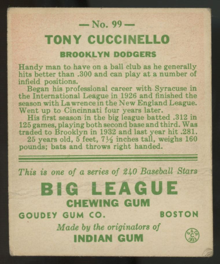 1933 Goudey Tony Cuccinello #99 Good