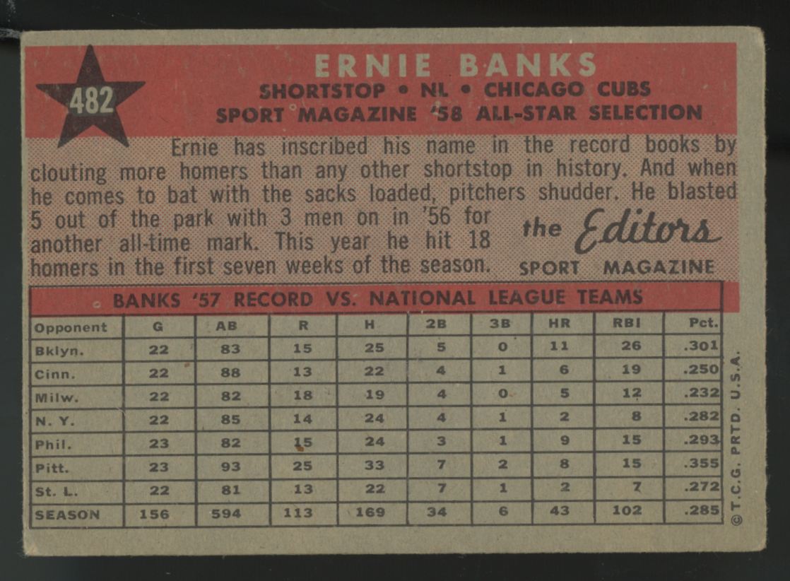 1958 Topps Ernie Banks All Star #482 VG-VG/EX