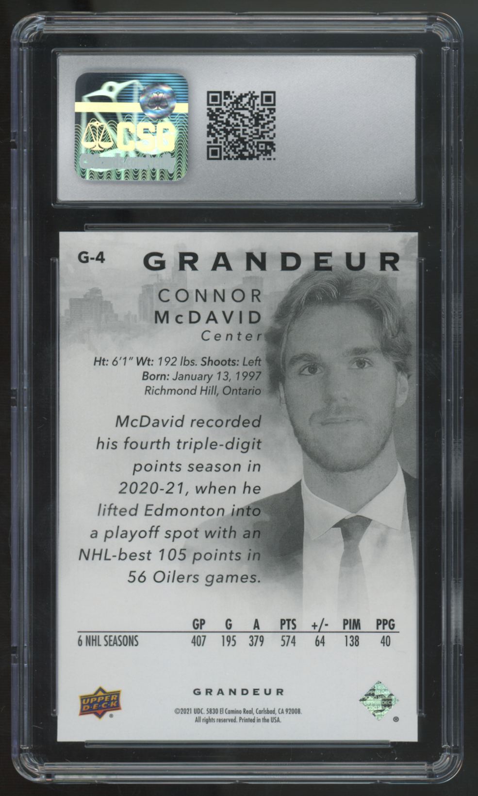 2021 Upper Deck Grandeur Connor McDavid Gold /25 #G-4 CSG 10
