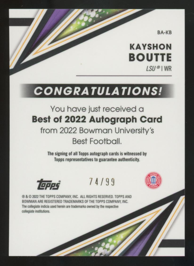 2022 Bowman Best U Kayshon Boutte Best Of '22 Green Refractor Auto /99 #BA-KB