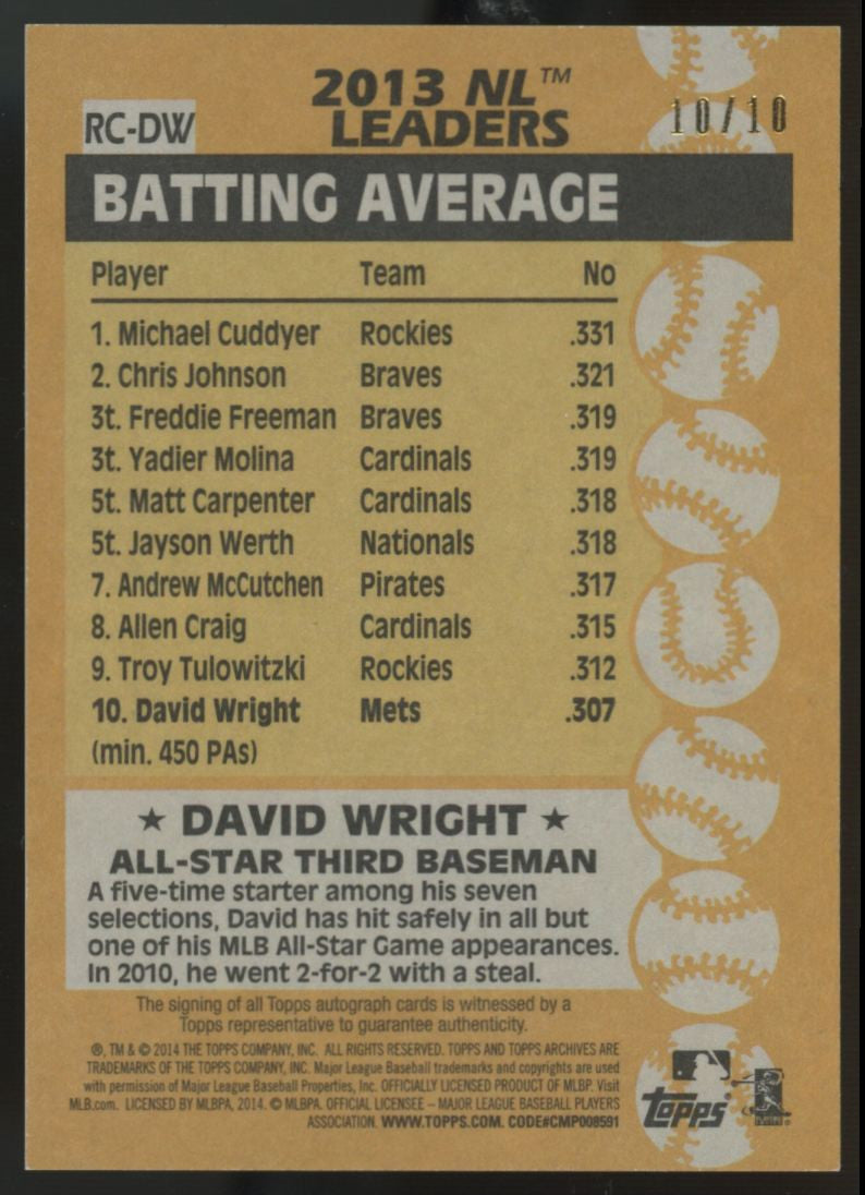 2014 Topps Archives David Wright '88 All Star Auto /10 #RC-DW