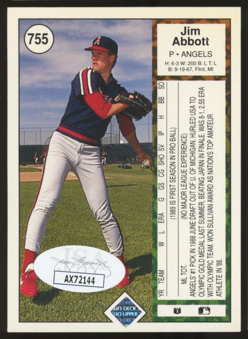 1989 Upper Deck Jim Abbott RC #755 Signed Autographed Card JSA