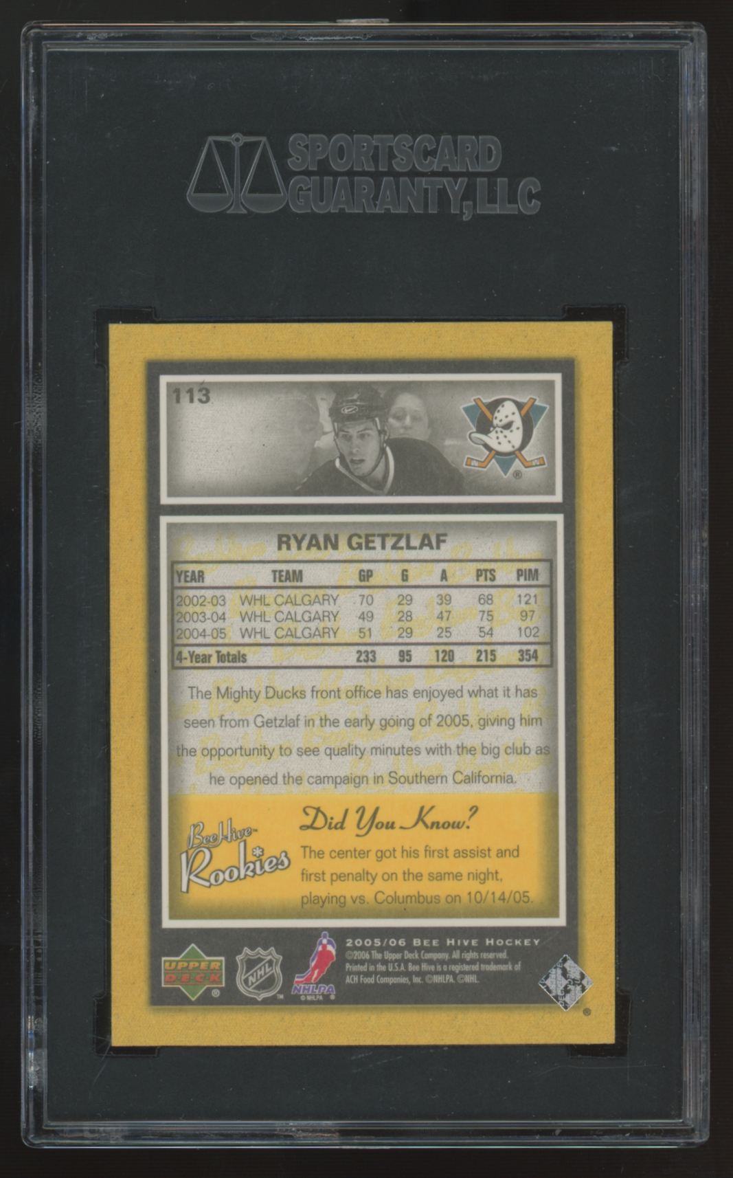 2005-06 Upper Deck Beehive Ryan Getzlaf RC #113 SGC 10