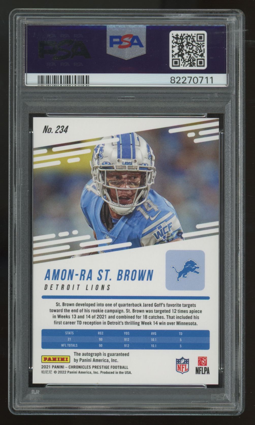 2021 Chronicles Prestige Amon-Ra St. Brown RC Xtra Points Auto #234 PSA 10