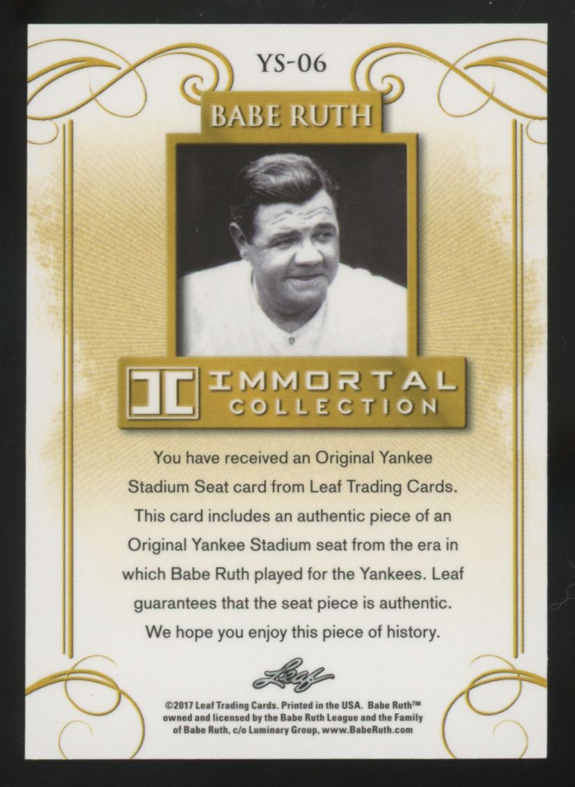 2017 Leaf Immortal Babe Ruth Gold Yankee Stadium Seat Relic /10 #YS-06