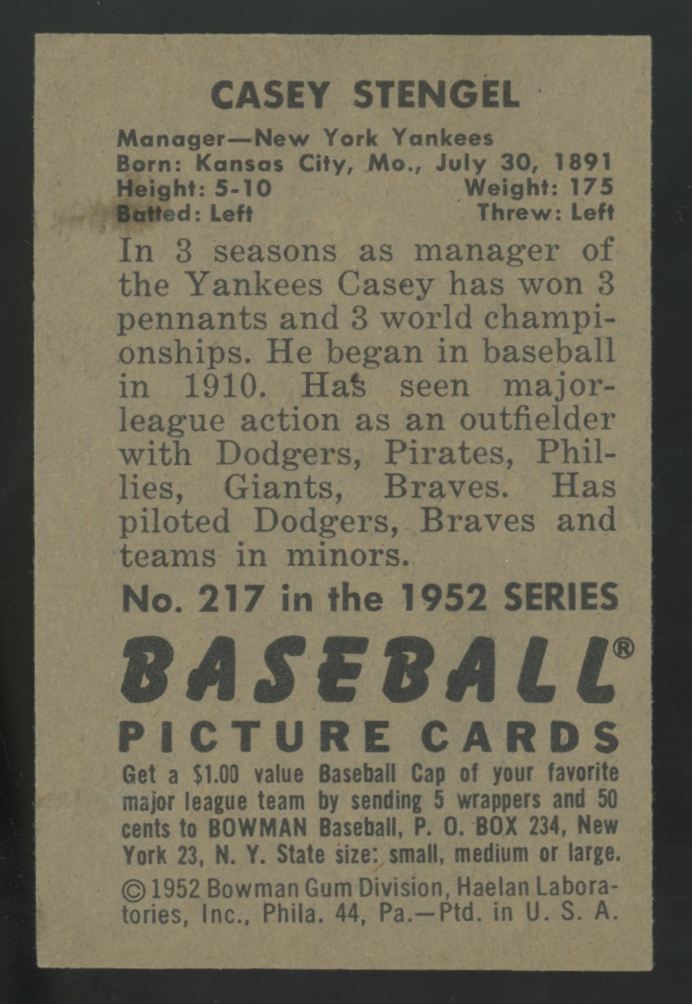1952 Bowman Casey Stengel Picture Card #217 NM (Print Line)