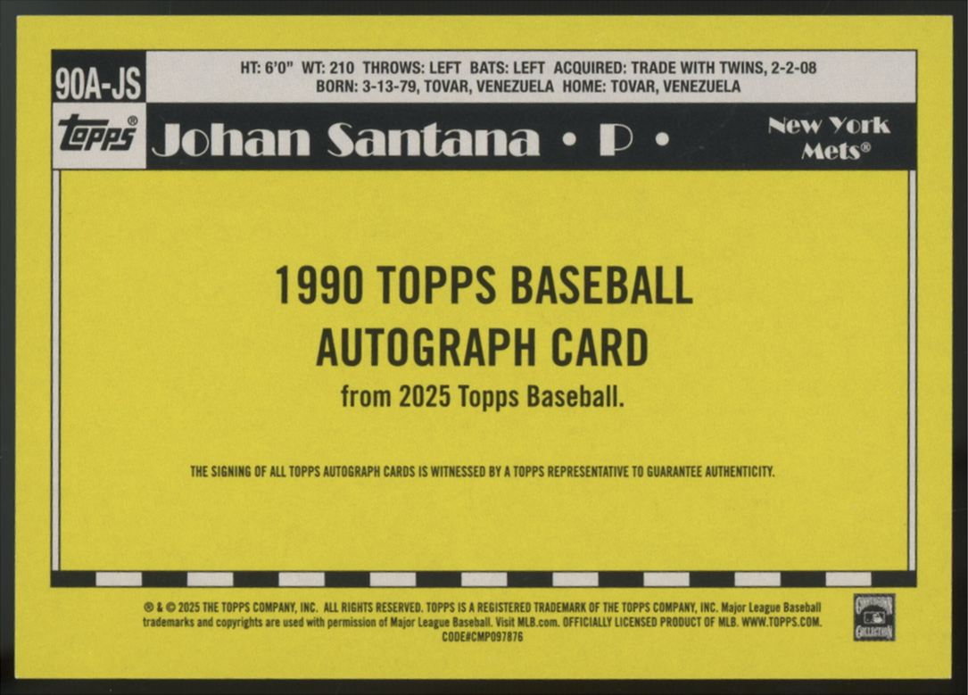 2025 Topps Series One Johan Santana 1990 Auto #90A-JS