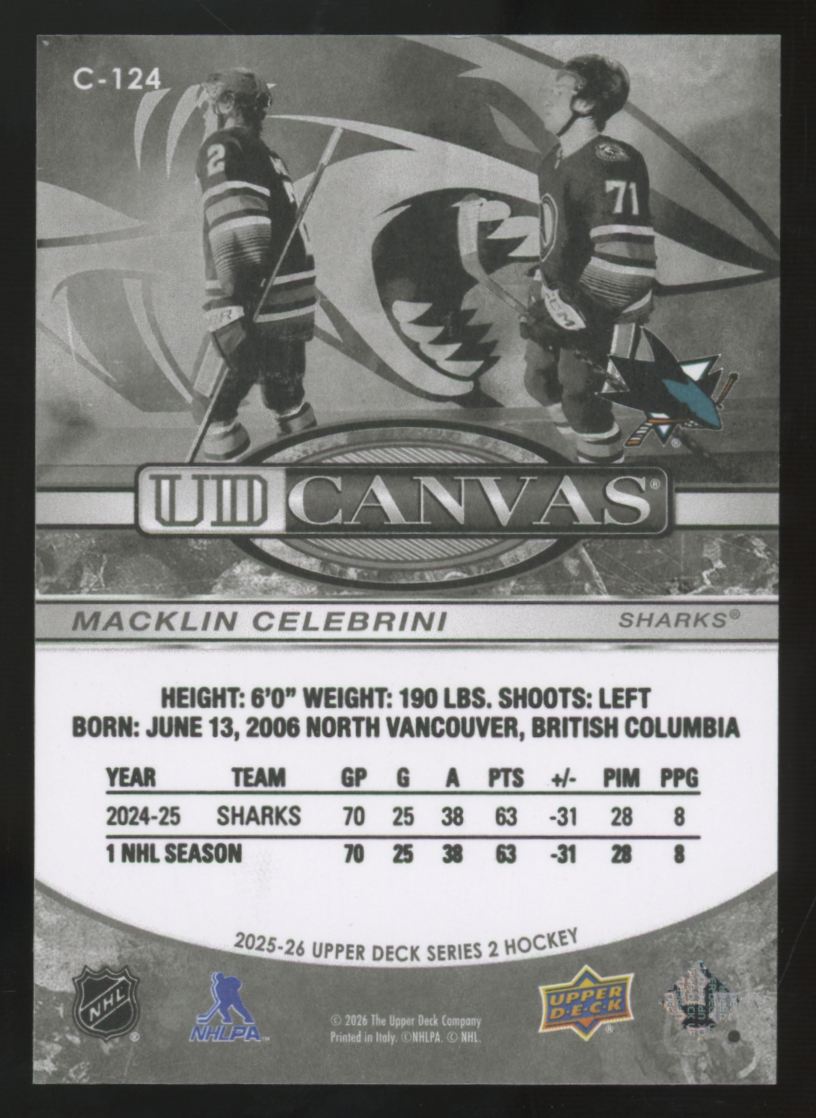 2025-26 Upper Deck Series 2 Macklin Celebrini RC Black & White Canvas #C-124