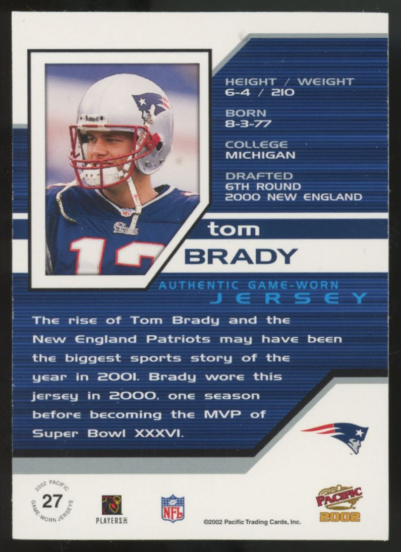 2002 Pacific Tom Brady Game Worn Patch #27