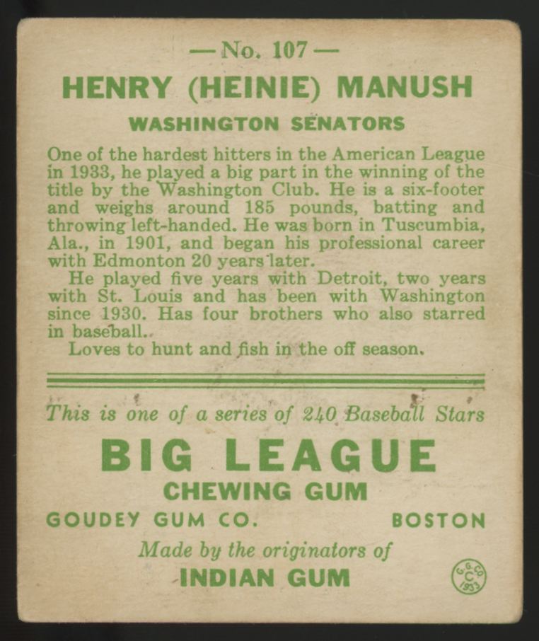 1933 Goudey Henry "Heinie" Manush #107 VG+