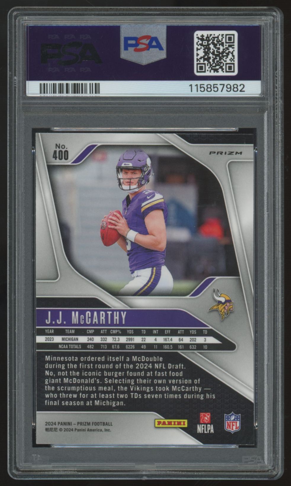 2024 Panini Prizm J.J. McCarthy RC Orange Lazer #400 PSA 9