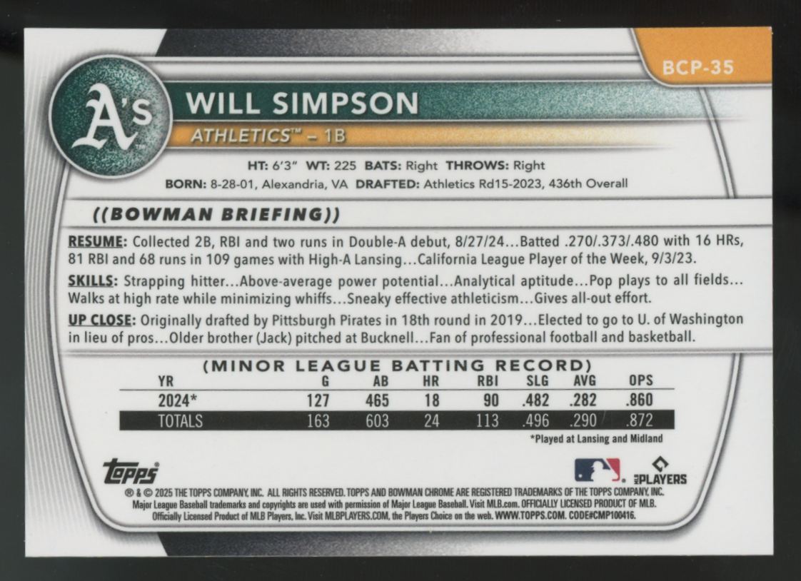 2025 Bowman Will Simpson 1st Chrome Prospect Orange Geometric /25 #BCP-35