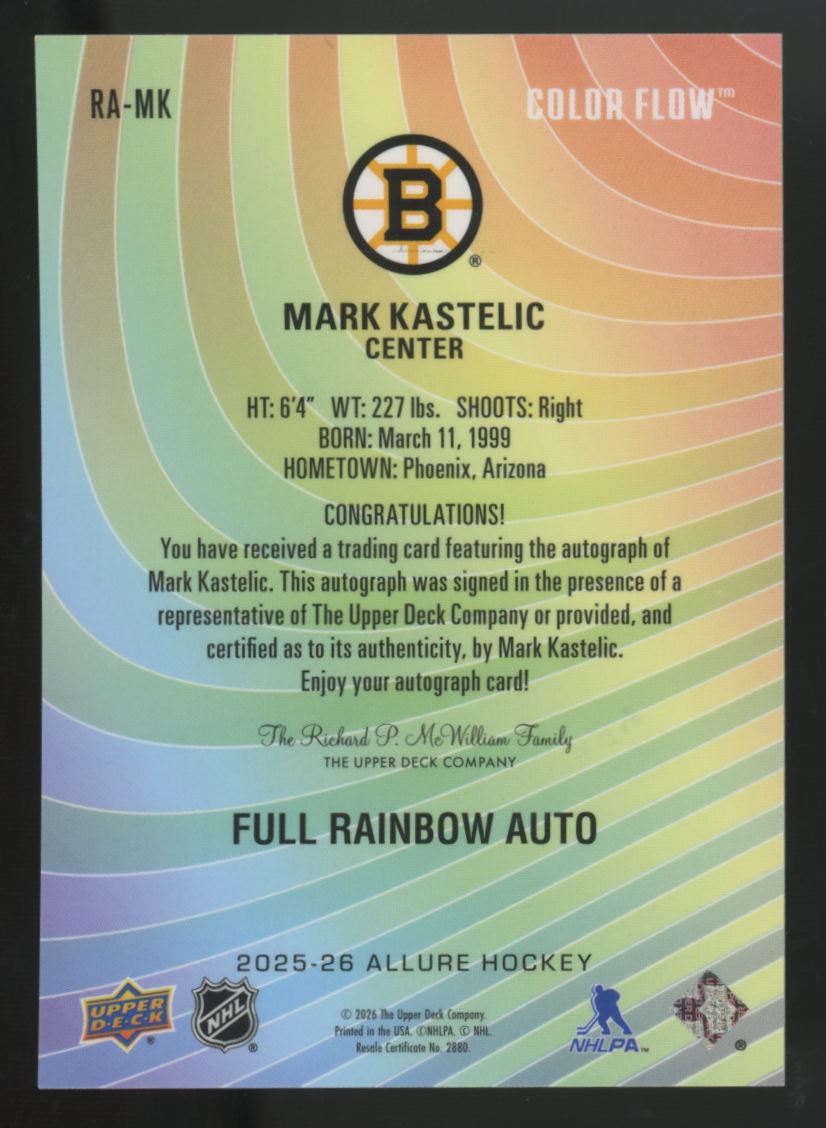 2025-26 Upper Deck Allure Mark Kastelic Full Rainbow Color Flow Auto #RA-MK
